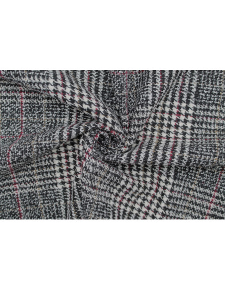 Tissu Lainage Carreaux Noir/Ecru/Bordeaux -Au Mètre