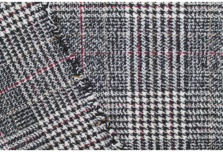 Tissu Lainage Carreaux Noir/Ecru/Bordeaux -Au Mètre