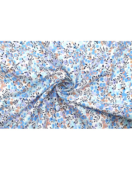 Tissu Popeline Coton Imprimé Olivier Bleu Ciel -Au Mètre