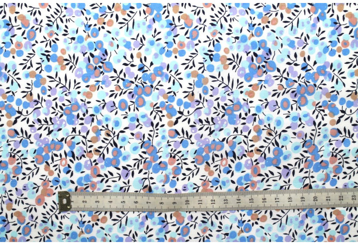 Tissu Popeline Coton Imprimé Olivier Bleu Ciel -Au Mètre
