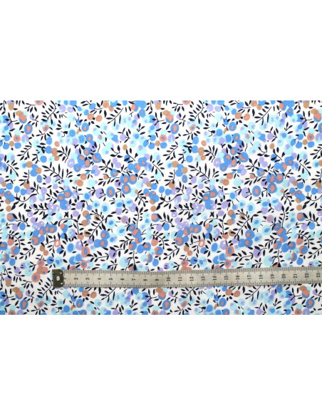 Tissu Popeline Coton Imprimé Olivier Bleu Ciel -Au Mètre