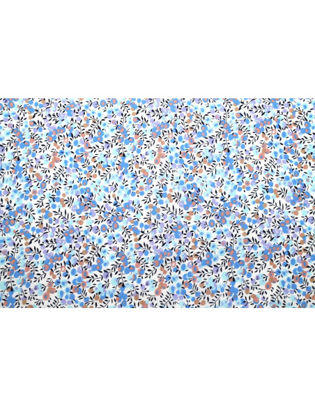 Tissu Popeline Coton Imprimé Olivier Bleu Ciel -Au Mètre