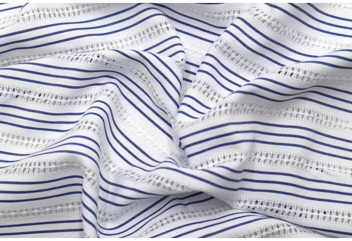 Tissu Polycoton Brodé Blanc Rayure Indigo -Au Mètre