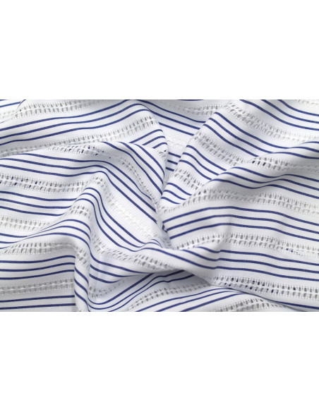 Tissu Polycoton Brodé Blanc Rayure Indigo -Au Mètre