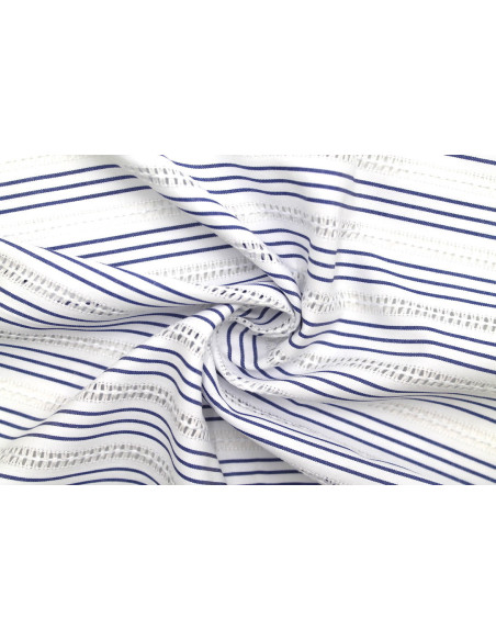 Tissu Polycoton Brodé Blanc Rayure Indigo -Au Mètre