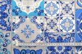 Tissu Bachette Coton Imprimé Mosaïque Bleu -Au Mètre