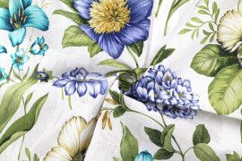 Tissu Bachette Coton Imprimé Jardin Bleu -Au Mètre