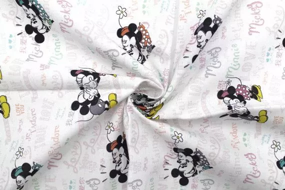 Tissu Coton Cretonne Mickey et Minnie Love Blanc -Au Mètre