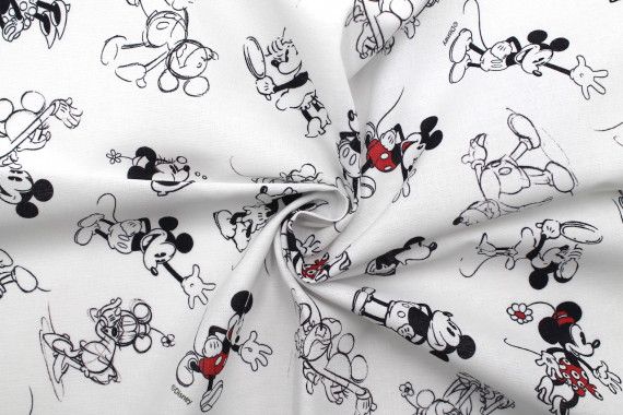 Tissu Coton Cretonne Mickey et Minnie Blanc -Au Mètre