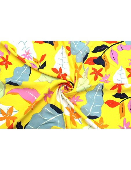 Tissu Popeline de Viscose Fleur des Tropiques Jaune -Au Mètre