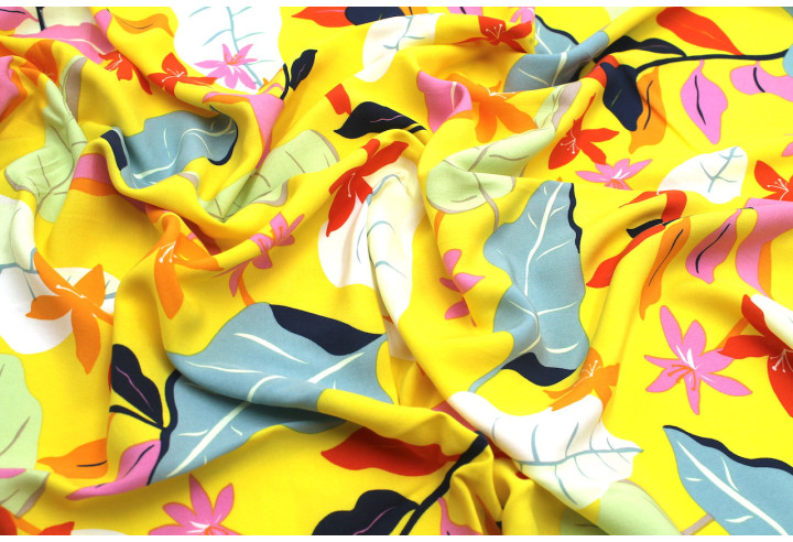 Tissu Popeline de Viscose Fleur des Tropiques Jaune -Au Mètre