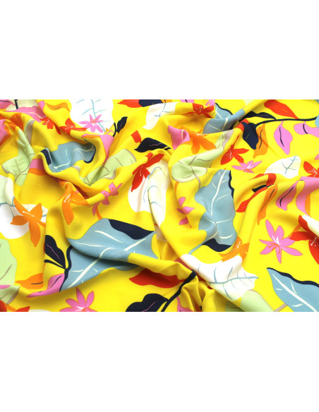 Tissu Popeline de Viscose Fleur des Tropiques Jaune -Au Mètre