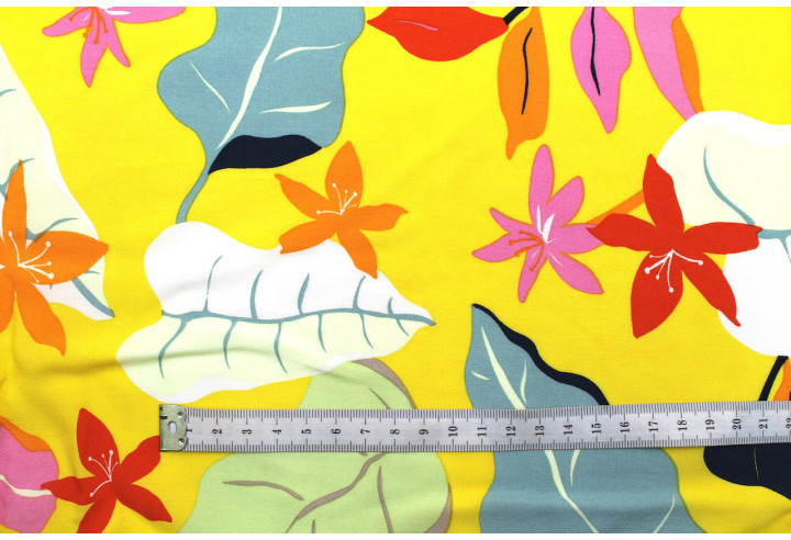 Tissu Popeline de Viscose Fleur des Tropiques Jaune -Au Mètre