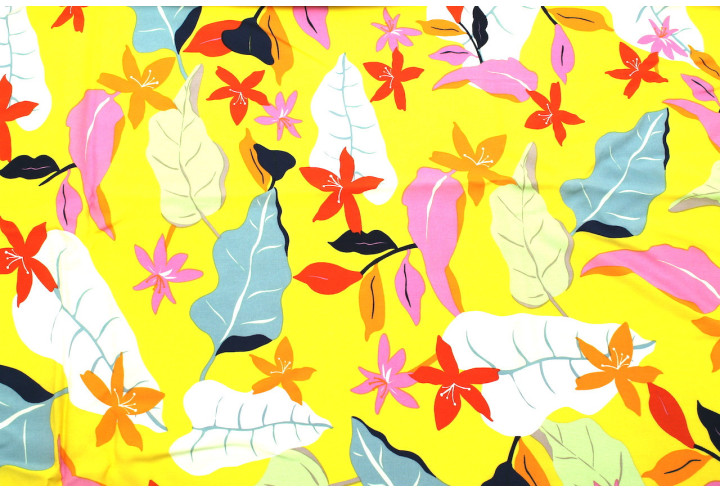 Tissu Popeline de Viscose Fleur des Tropiques Jaune -Au Mètre