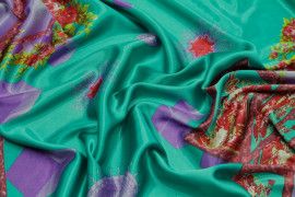 Tissu Satin Extensible Imprimé Boite à Fleur Vert Turquoise -Au Mètre