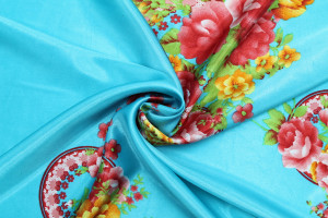 Tissu Satin Extensible Imprimé Cercle Floral Bleu Turquoise -Au Mètre