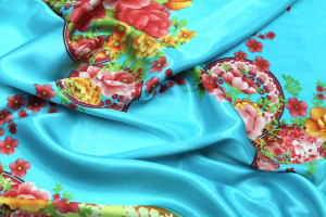 Tissu Satin Extensible Imprimé Cercle Floral Bleu Turquoise -Au Mètre 2