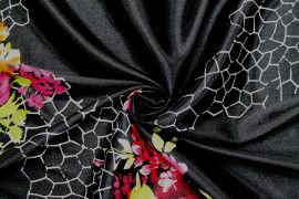 Tissu Satin Extensible Imprimé Nid de Fleur Noir -Au Mètre