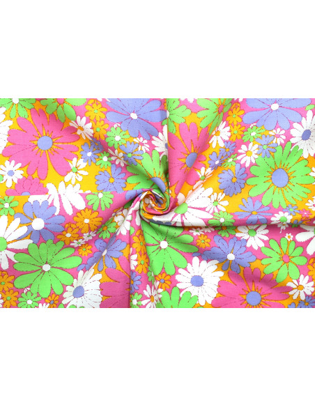 Tissu Popeline Coton Imprimé Fleur Daisy Rose -Au Mètre