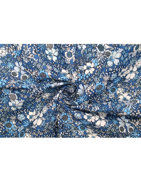 Tissu Popeline Coton Imprimé Fleur Peony Bleu -Au Mètre