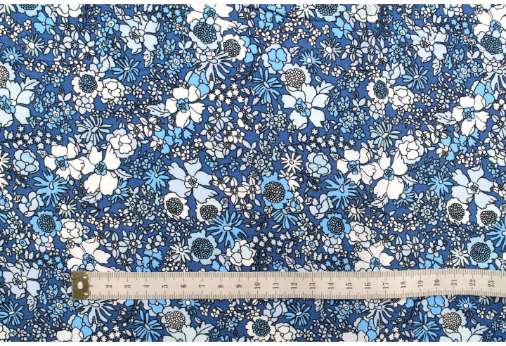 Tissu Popeline Coton Imprimé Fleur Peony Bleu -Au Mètre