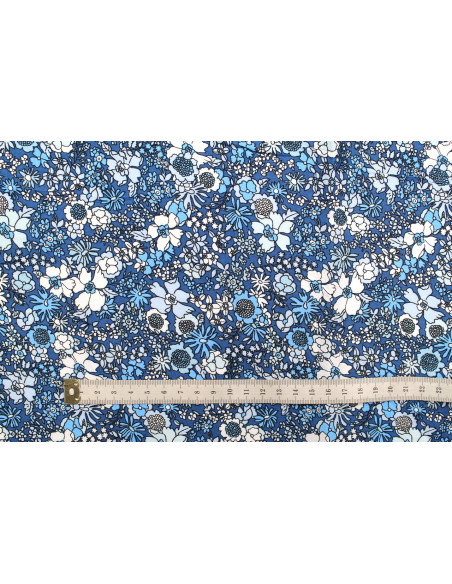 Tissu Popeline Coton Imprimé Fleur Peony Bleu -Au Mètre