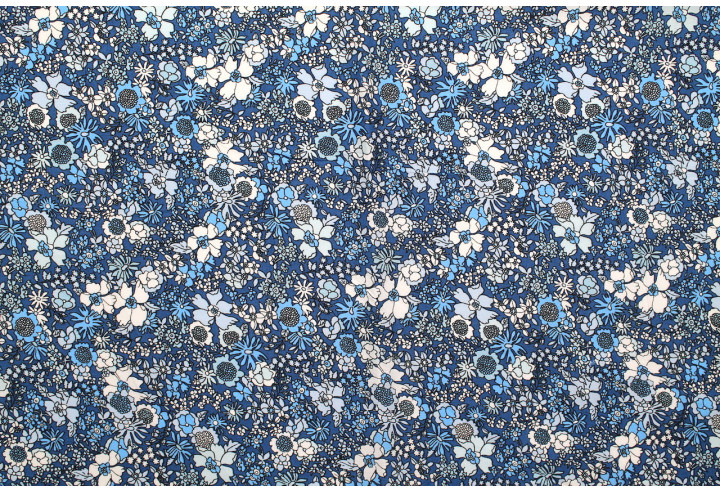 Tissu Popeline Coton Imprimé Fleur Peony Bleu -Au Mètre