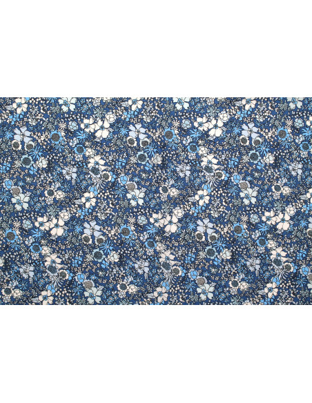 Tissu Popeline Coton Imprimé Fleur Peony Bleu -Au Mètre