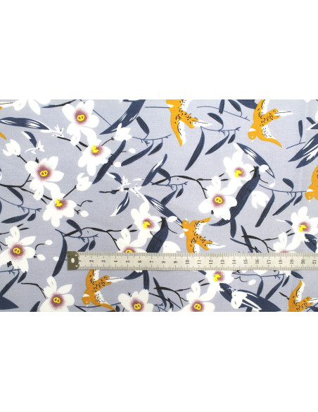 Tissu Popeline Coton Imprimé Birdy Flower Gris -Au Mètre