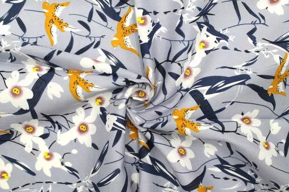 Tissu Popeline Coton Imprimé Birdy Flower Gris -Au Mètre