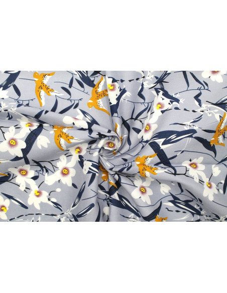 Tissu Popeline Coton Imprimé Birdy Flower Gris -Au Mètre