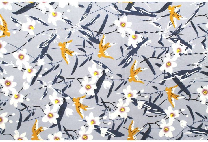 Tissu Popeline Coton Imprimé Birdy Flower Gris -Au Mètre
