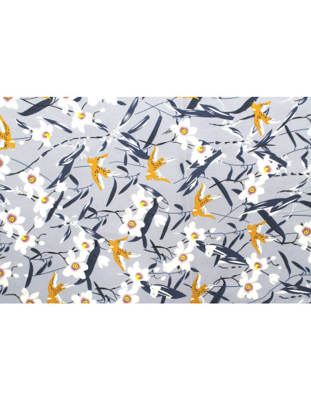 Tissu Popeline Coton Imprimé Birdy Flower Gris -Au Mètre