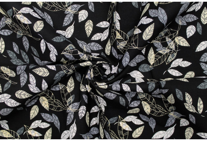 Tissu Popeline Coton Imprimé Eucalyptus Noir -Au Mètre