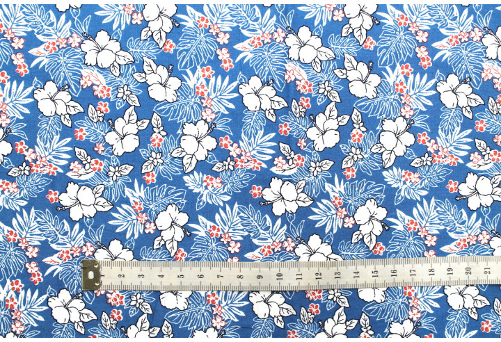 Tissu Popeline Coton Imprimé Fleur Lizzie Bleu -Au Mètre