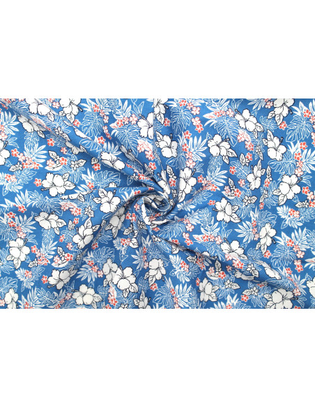Tissu Popeline Coton Imprimé Fleur Lizzie Bleu -Au Mètre
