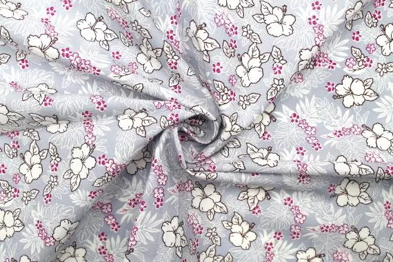 Tissu Popeline Coton Imprimé Fleur Lizzie Gris -Au Mètre