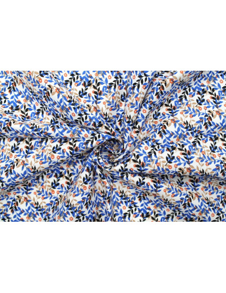 Tissu Popeline Coton Imprimé Fleur Avoine Bleu -Au Mètre