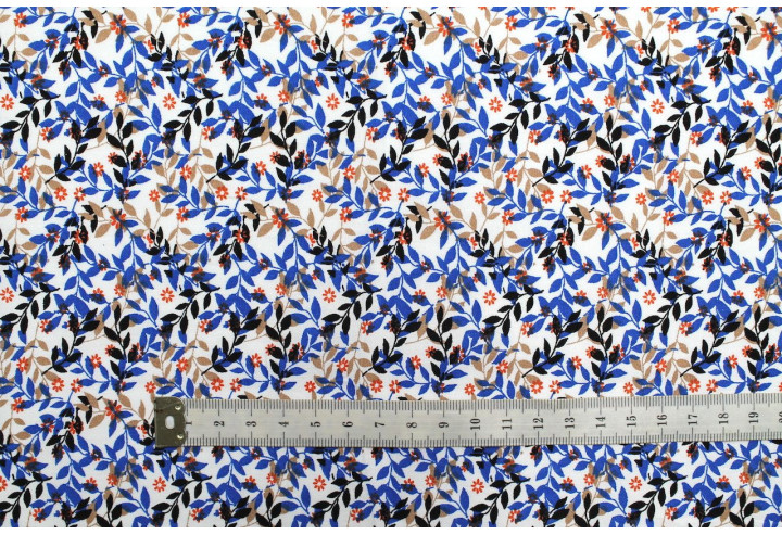 Tissu Popeline Coton Imprimé Fleur Avoine Bleu -Au Mètre