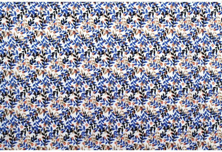 Tissu Popeline Coton Imprimé Fleur Avoine Bleu -Au Mètre