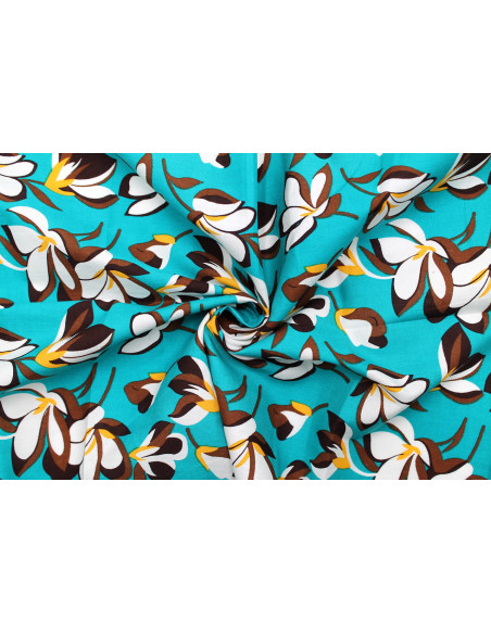 Tissu Popeline Coton Imprimé Fleur Yucca Turquoise -Au Mètre