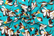 Tissu Popeline Coton Imprimé Fleur Yucca Turquoise -Au Mètre