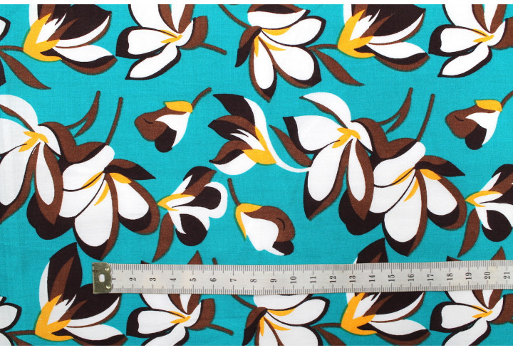 Tissu Popeline Coton Imprimé Fleur Yucca Turquoise -Au Mètre