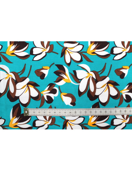 Tissu Popeline Coton Imprimé Fleur Yucca Turquoise -Au Mètre