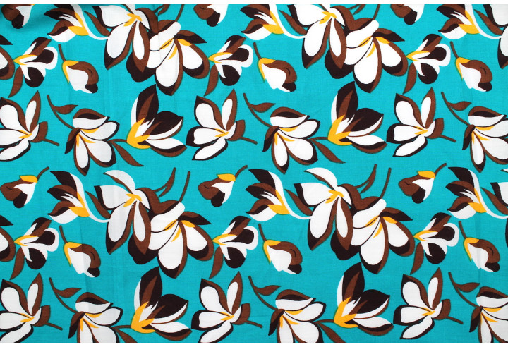 Tissu Popeline Coton Imprimé Fleur Yucca Turquoise -Au Mètre