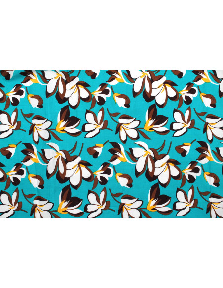 Tissu Popeline Coton Imprimé Fleur Yucca Turquoise -Au Mètre
