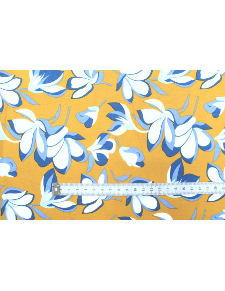 Tissu Popeline Coton Imprimé Fleur Yucca Moutarde -Au Mètre