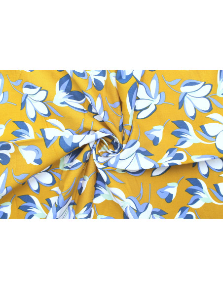 Tissu Popeline Coton Imprimé Fleur Yucca Moutarde -Au Mètre