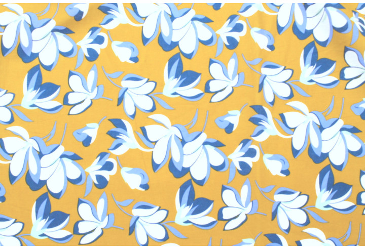 Tissu Popeline Coton Imprimé Fleur Yucca Moutarde -Au Mètre