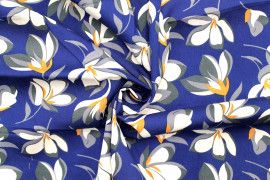 Tissu Popeline Coton Imprimé Fleur Yucca Bleu -Au Mètre